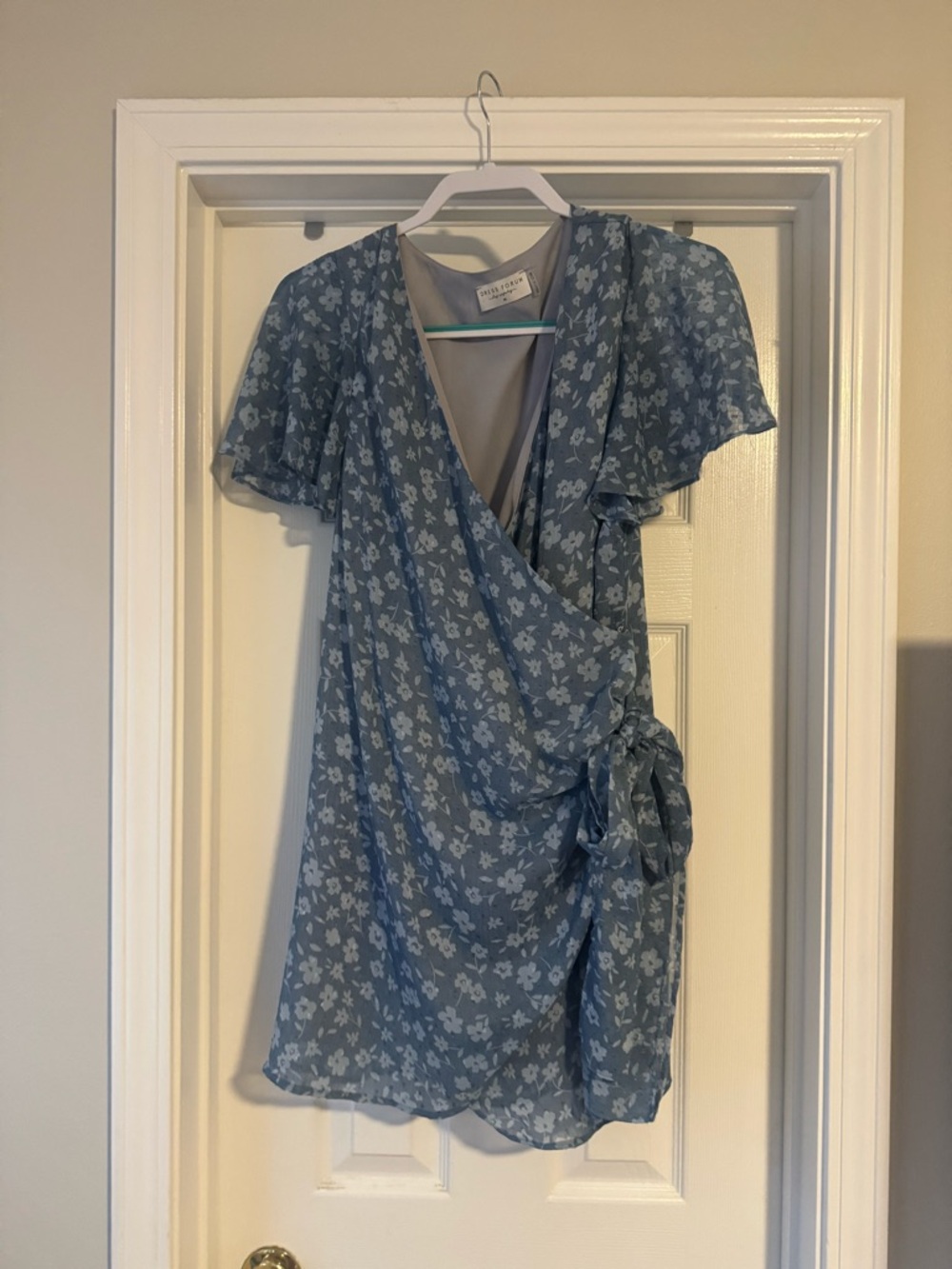 Blue Floral Tie Waist Mini Dress | Adjustable Wrap Dress | Size Medium